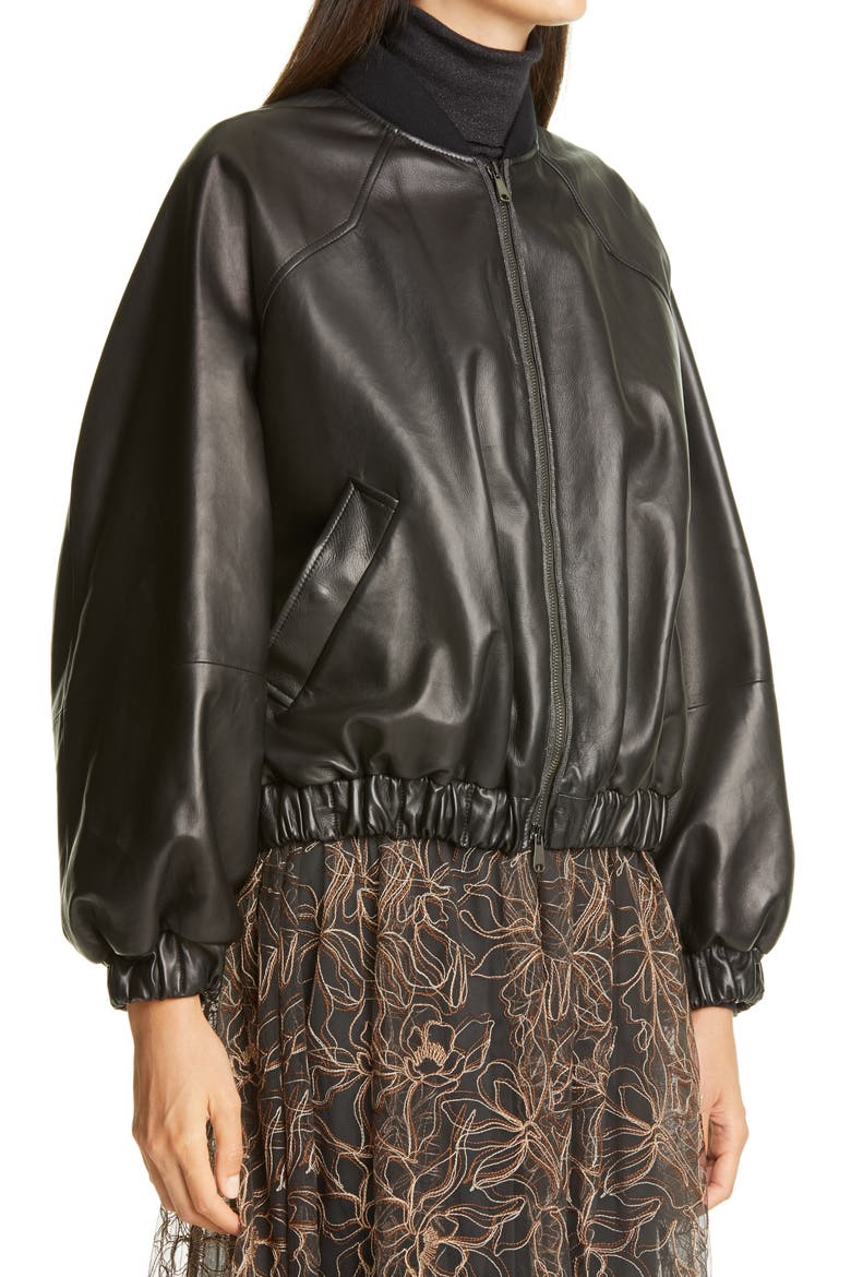 Monili Trim Nappa Leather Bomber Jacket, Alternate, color, C101 BLACK