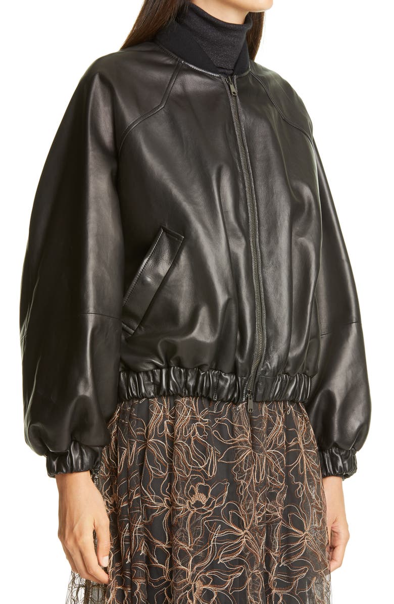 Brunello Cucinelli Monili Trim Nappa Leather Bomber Jacket, Alternate, color, 