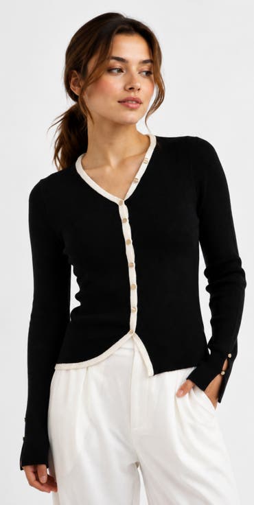Contrast Trim Wool Blend V-Neck Cardigan