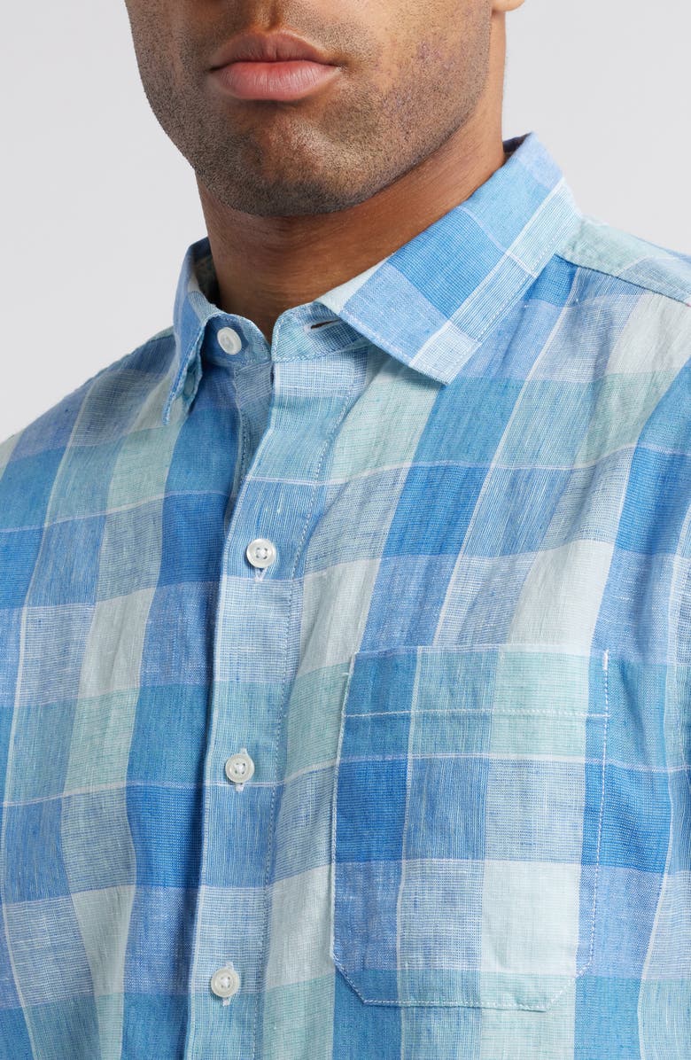 Tommy Bahama Barbados Breeze Beach Day Check Stretch Linen Button-Up Shirt, Alternate, color, Palace Blue