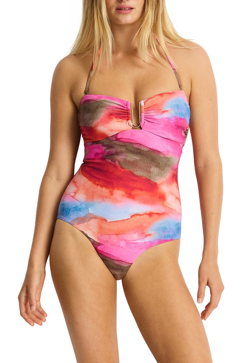 U-Bar Bandeau One-Piece Swimsuit, Main, color, PINK