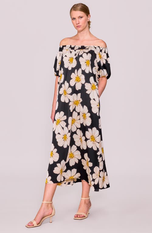 Melloday Floral Off The Shoulder Puff Sleeve Satin Dress In Black