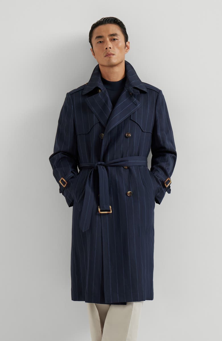 Brunello Cucinelli Chalk stripe trench, Alternate, color, Blue