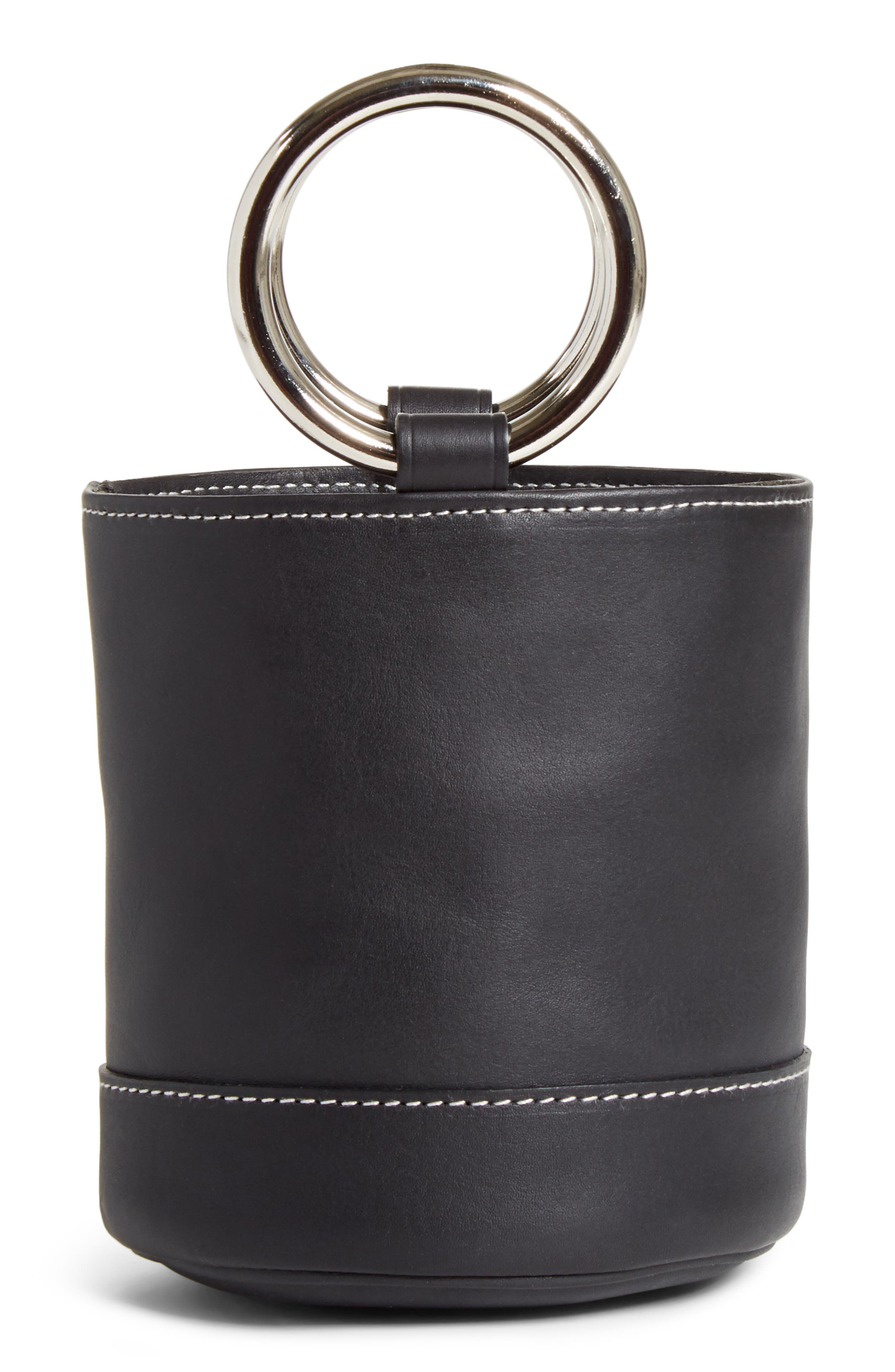 Bonsai 15 Calfskin Leather Bucket Bag, Alternate, color, BLACK WITH WHITE STITCHING