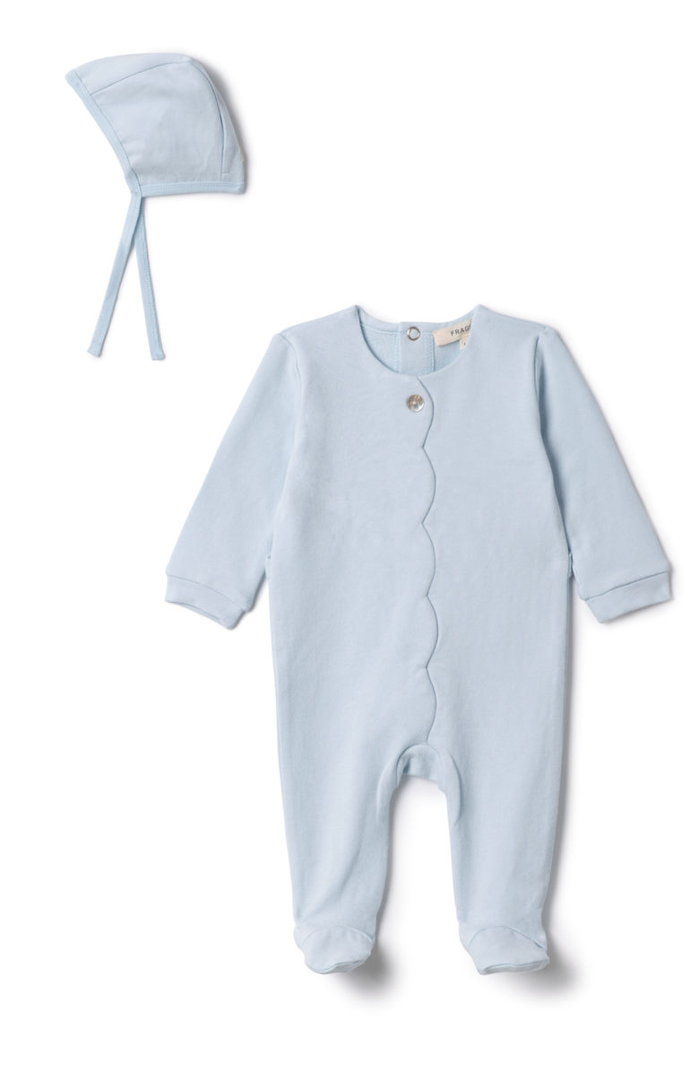 Fragile Boy Cotton Scallop Romper with Bonnet, Main, color, Baby Blue