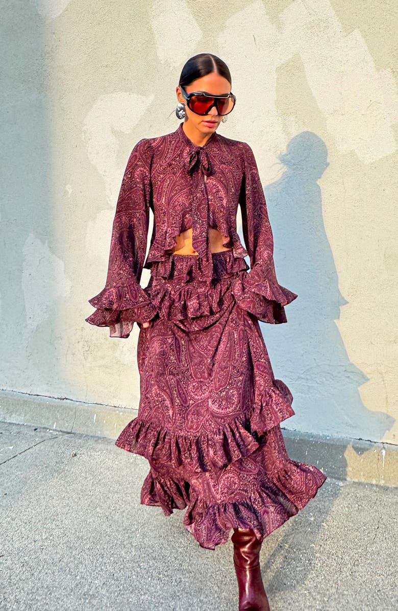 AFRM Pierre Tiered Maxi Skirt, Alternate, color, Chocolate Paisley