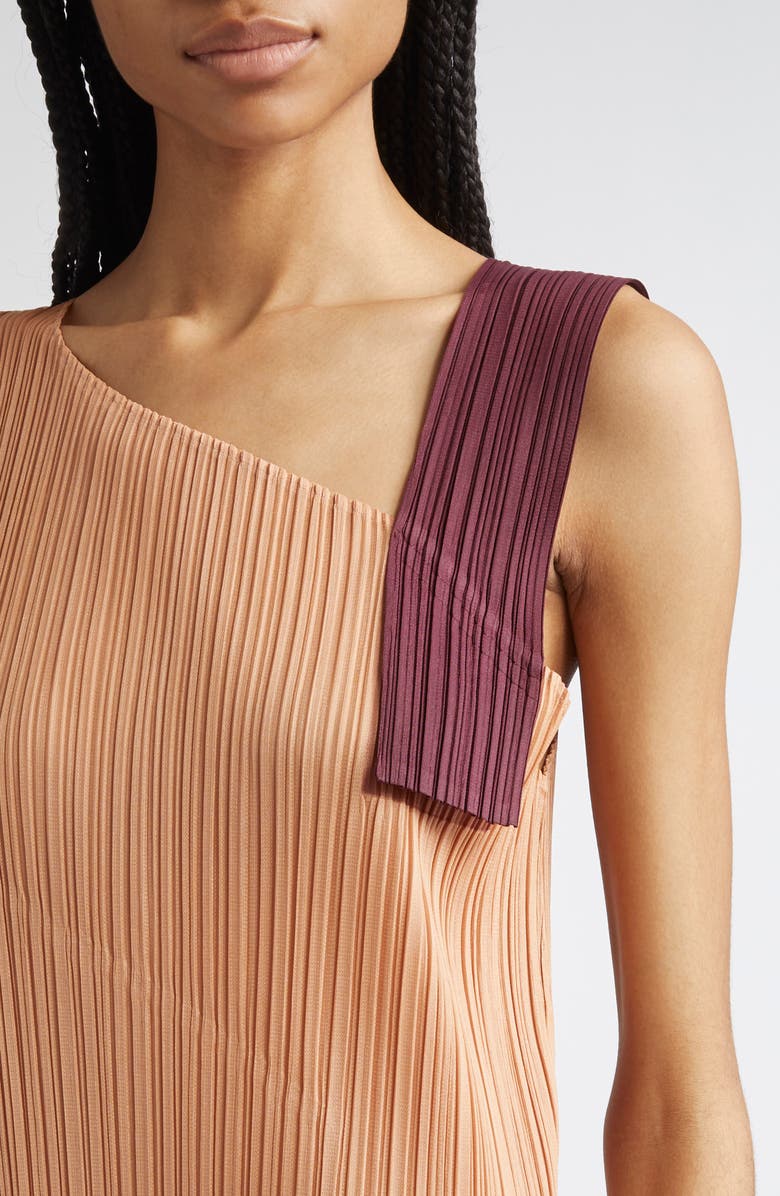 Pleats Please Issey Miyake Pointe Pleated Asymmetric Sleeveless Midi Dress, Alternate, color, Pink Beige