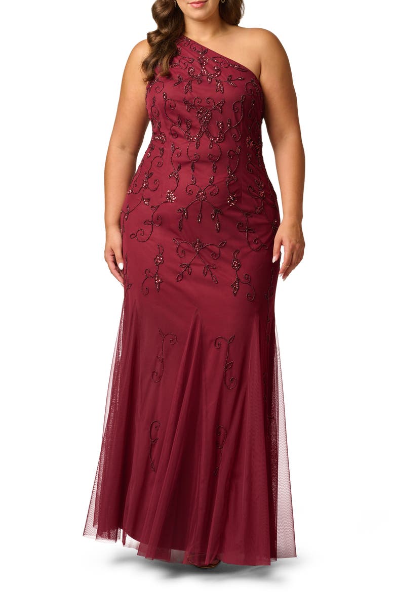 One Shoulder Beaded Gown, Main, color, MAHOGANY