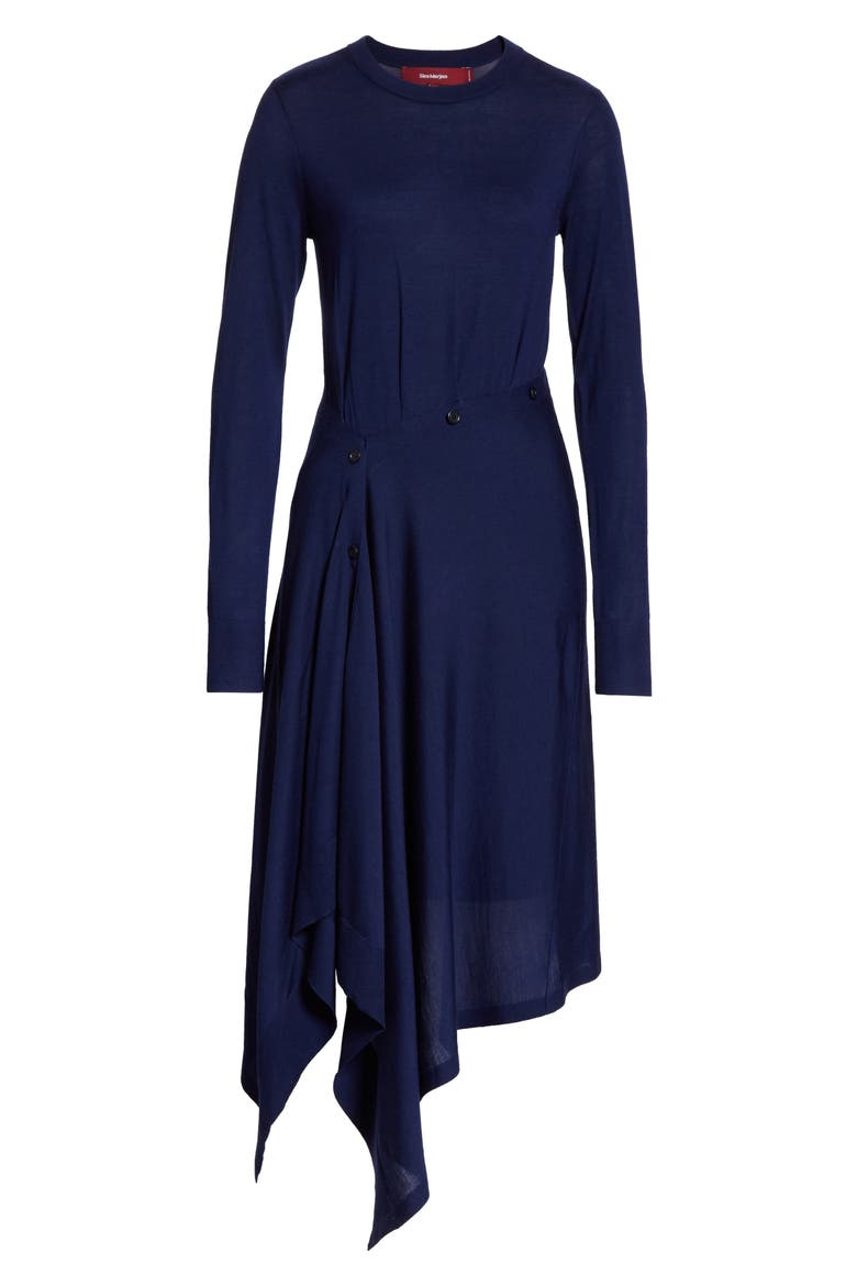 Button Front Long Sleeve Merino Wool Sweater Dress, Alternate, color, MARINE NAVY