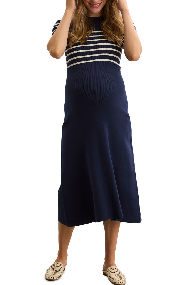 HATCH Collection The Kaitlyn Cotton Rib Maternity Dress, Main, color, Navy/White Stripe