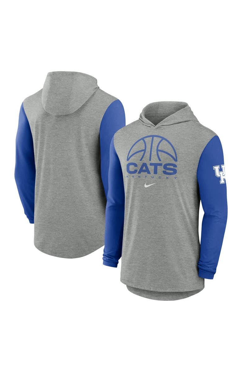 Nike Men's Nike Gray/Royal Kentucky Wildcats Basketball Color-Block Tri-Blend Dri-FIT Long Sleeve Hoodie T-Shirt, Main, color, Gray