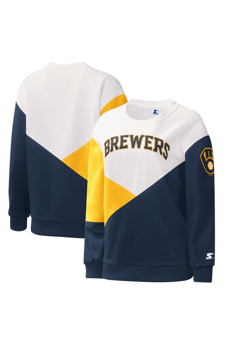 STARTER Women's Starter White/Navy Milwaukee Brewers Shutout Pullover Sweatshirt, Main, color, White