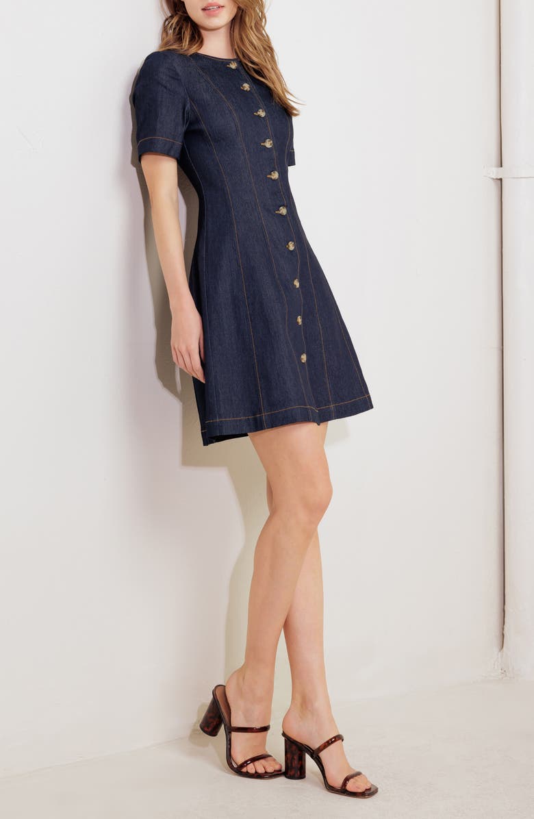 FREEMARKET Short Sleeve A-Line Cotton Blend Denim Minidress, Alternate, color,