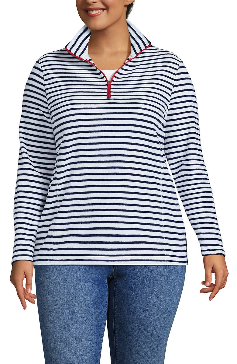 Lands' End Anyweather Fleece Quarter Zip Pullover, Main, color, Crisp White/Navy Stripe/Red