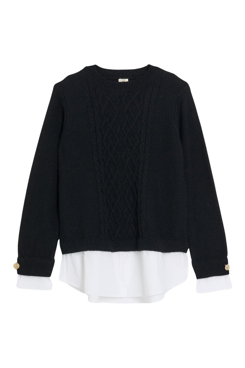 Layered Look Cable Knit Sweater, Alternate, color, BLACK