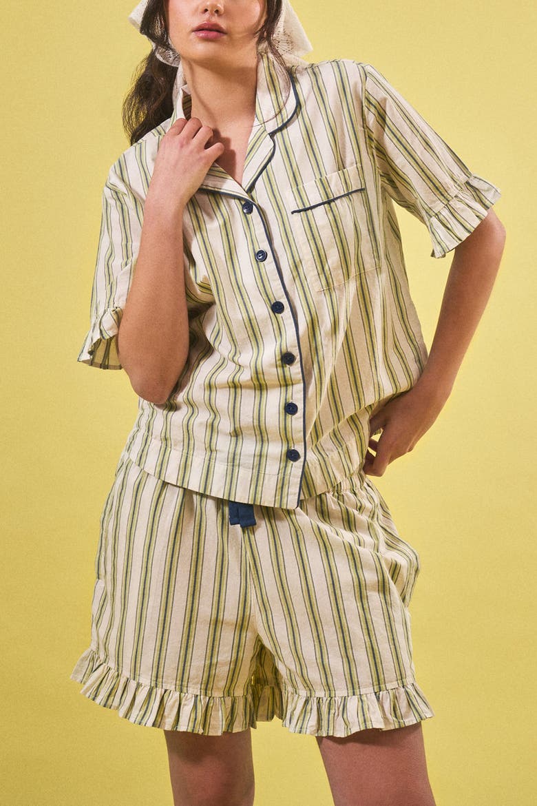 Cotton Stripe Short Pajamas, Alternate, color, Olive Stripe Ruffle