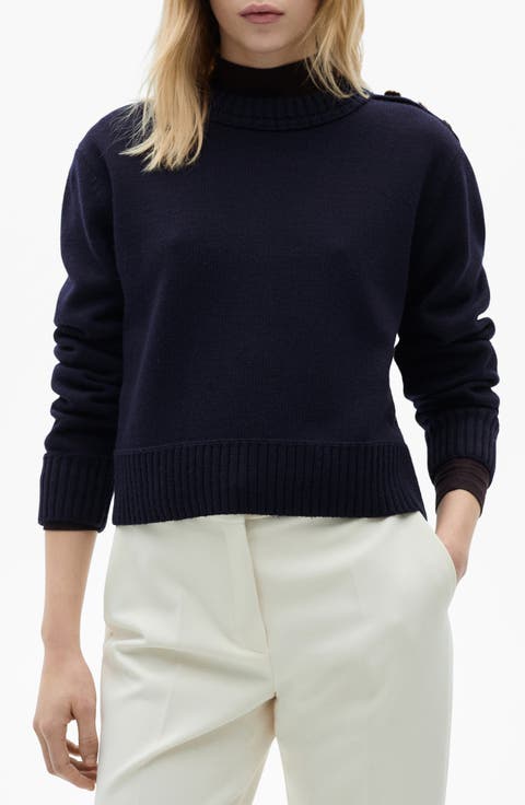 Button Shoulder Mock Neck Sweater