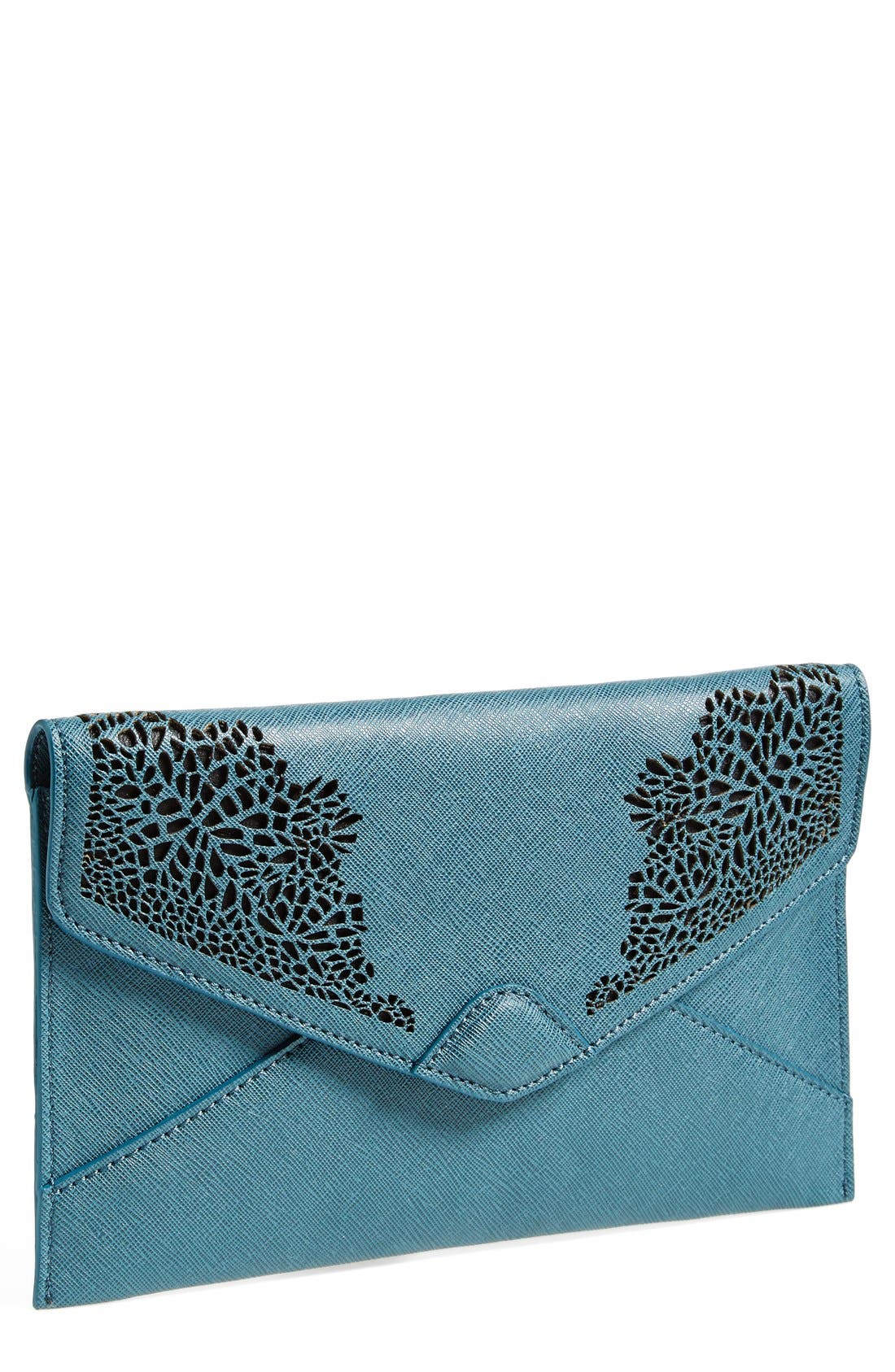 Danielle 'Adeline' Laser Cutout Clutch, Main, color, TEAL