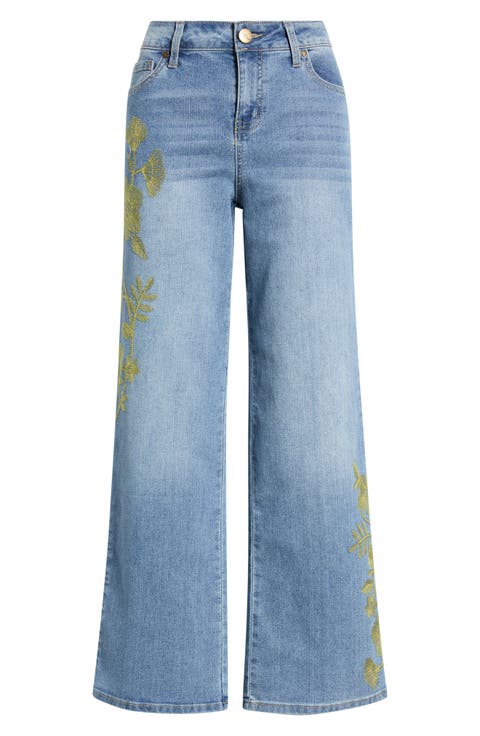 Floral Embroidered Wide Leg Jeans