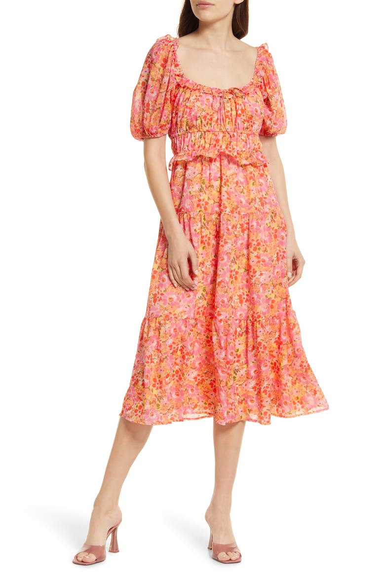 Women's Paloma Floral Print Tiered Midi Dress, Main, color, CORAL WATERCOLOR FLORAL