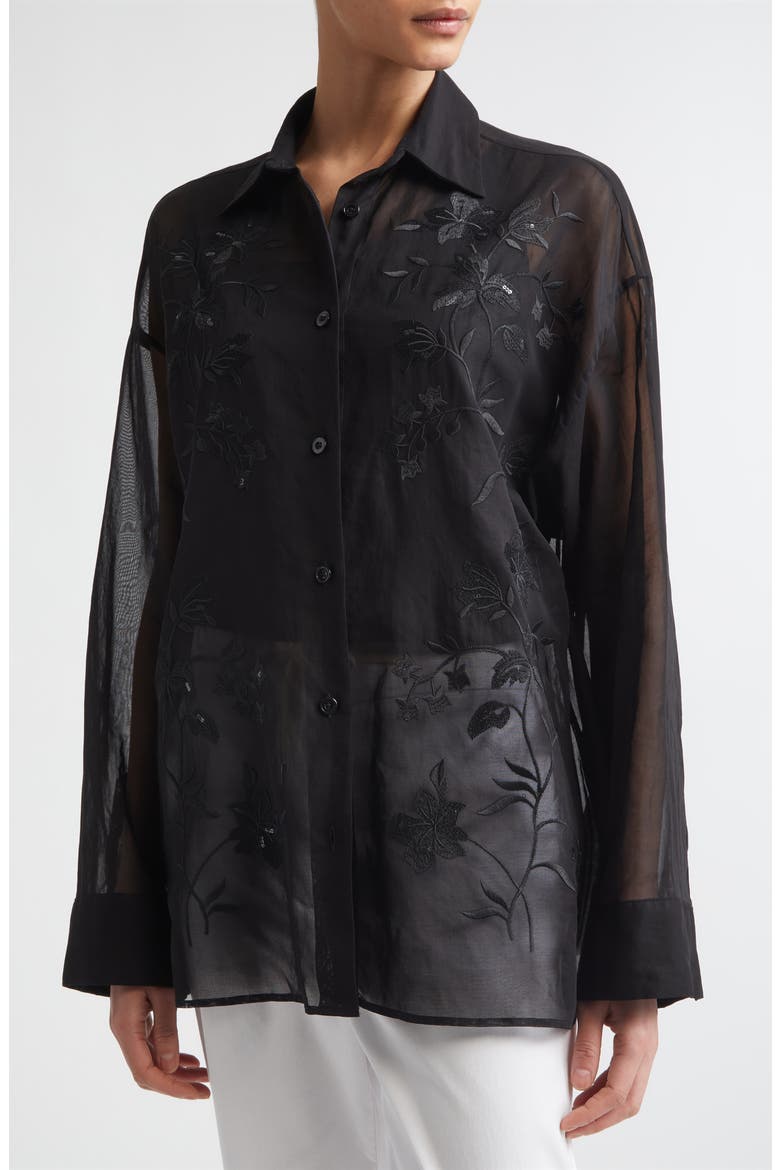 Sequin Embroidered Cotton Gauze Button-Up Shirt, Alternate, color, 22 BLACK
