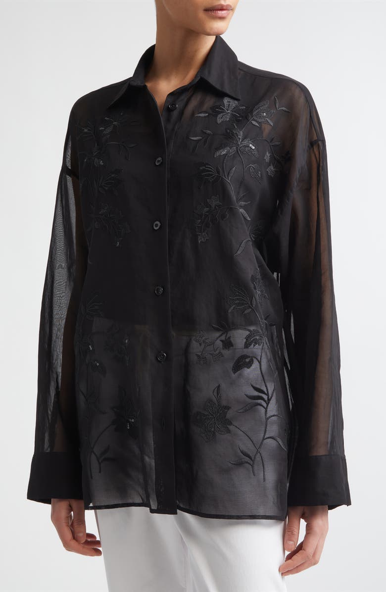 Eleventy Sequin Embroidered Cotton Gauze Button-Up Shirt, Alternate, color, 22 Black