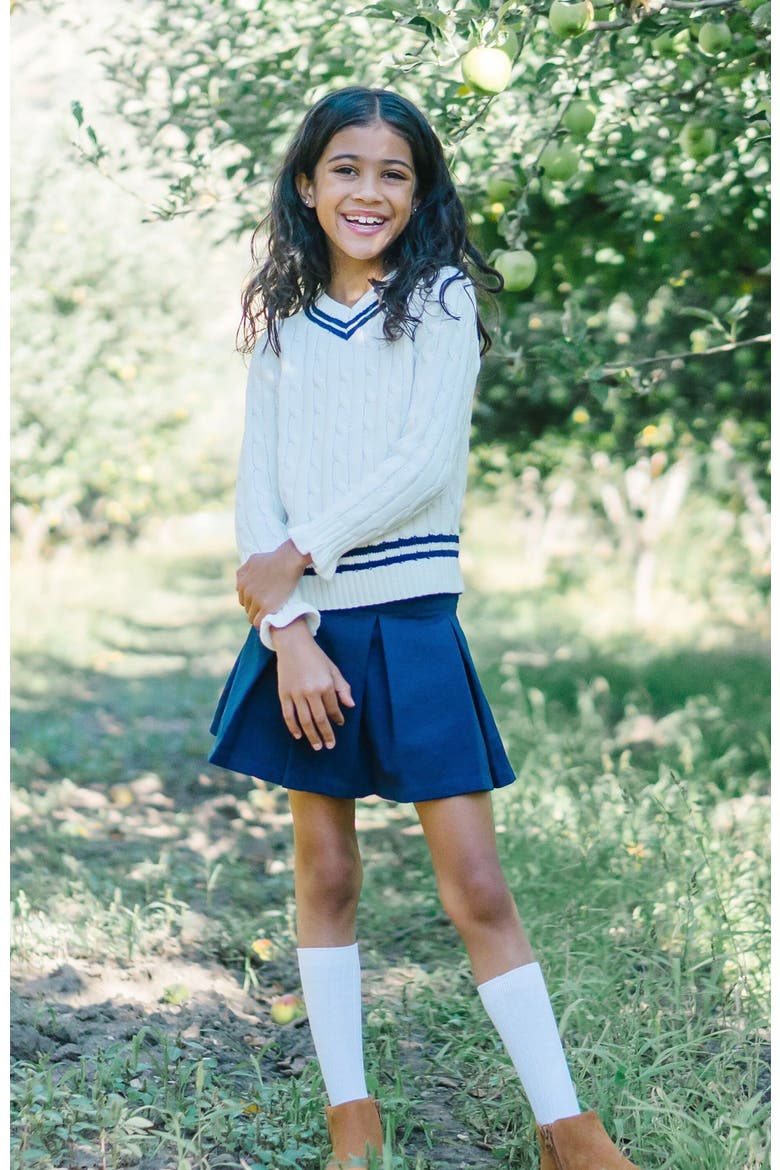 Girls' Ruffle Cuff Cricket Sweater, Kids, Alternate, color, Soft White Cable with Navy