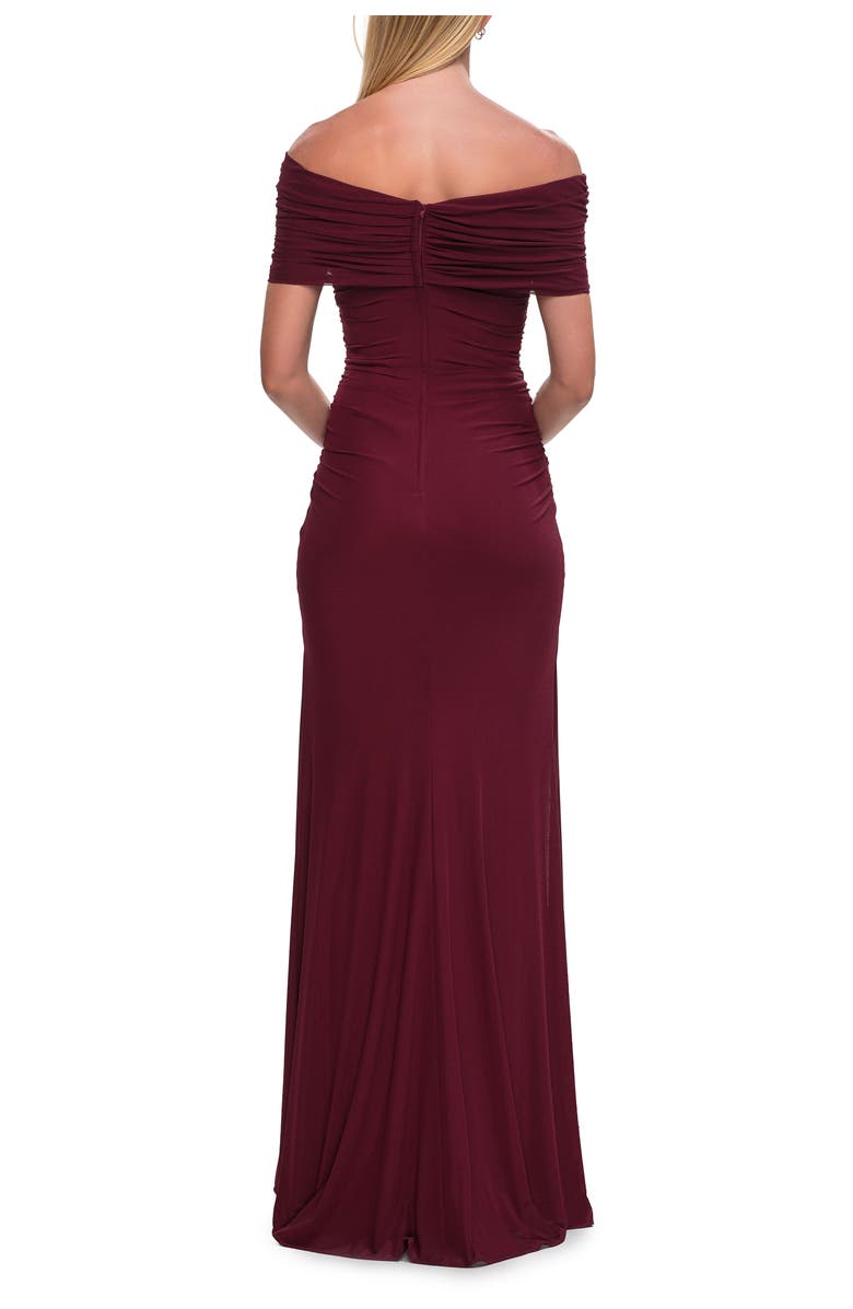La Femme Off-the-Shoulder Draped Jersey Gown, Alternate, color, Wine