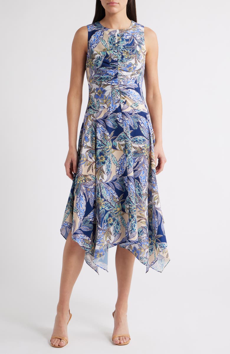 Vince Camuto Paisley Ruched Sleeveless Handkerchief Hem Dress, Main, color, 