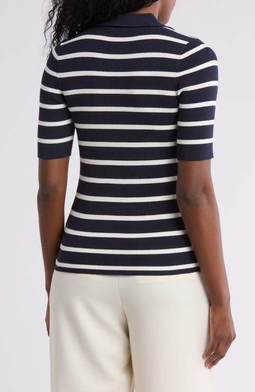 Nordstrom Rack Stripe Rib Polo Sweater In Navy Night- Ivory Tofu Stripe