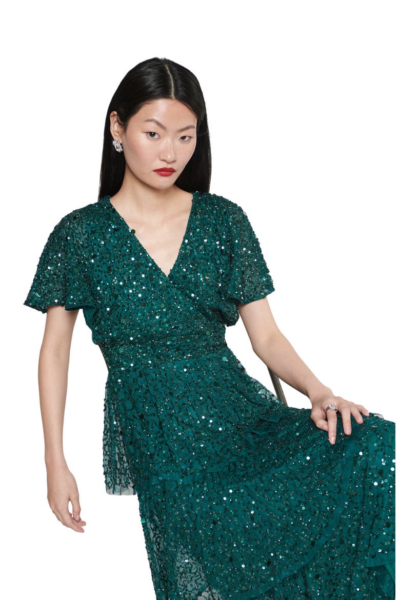 Occasion Embellished Sequin Beaded Short Sleeves Evening Midi Dress, Alternate, color, EMERALD GREEN