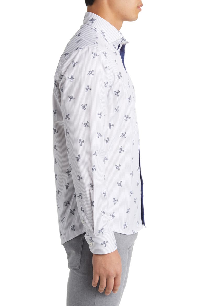 DRY TOUCH® Stripe Plane Print Performance Sateen Button-Up Shirt, Alternate, color, GREY