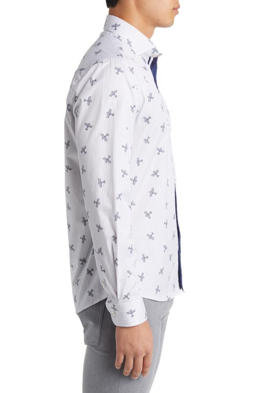 Stone Rose Dry Touch® Stripe Plane Print Performance Sateen Button-up Shirt In Grey