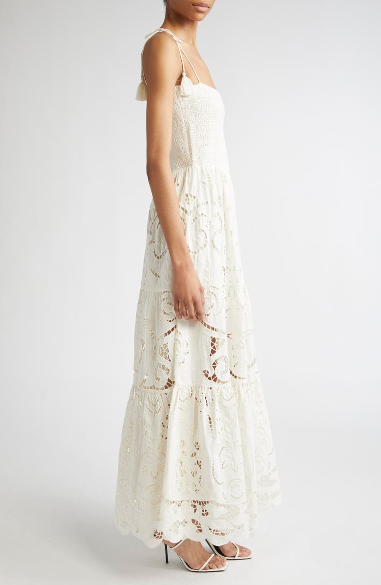 Alice + Olivia Marina Mixed Media Tiered Cotton & Linen Maxi Dress, Alternate, color, Off White