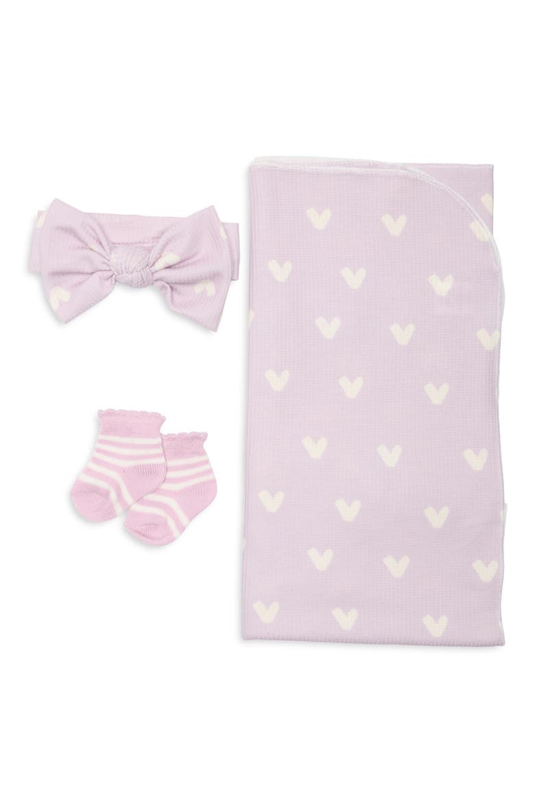 Heart Print Rib Blanket, Bow & Socks Set, Main, color, LIGHT LILAC