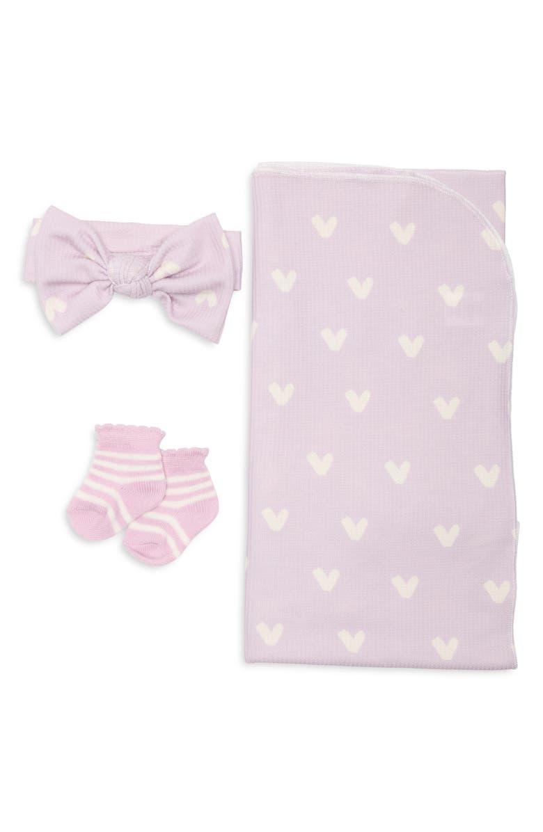 Toby Heart Print Rib Blanket, Bow & Socks Set, Main, color, Light Lilac
