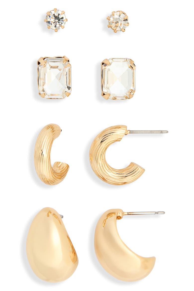 Set of 4 Stud & Hoop Earrings, Main, color, GOLD