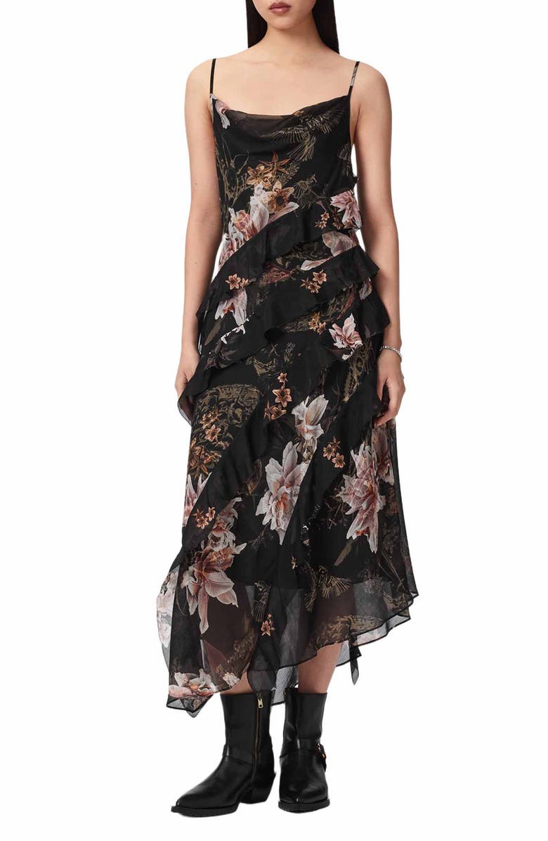 AllSaints Ruth Floral Print Slipdress, Main, color, Crystal Black