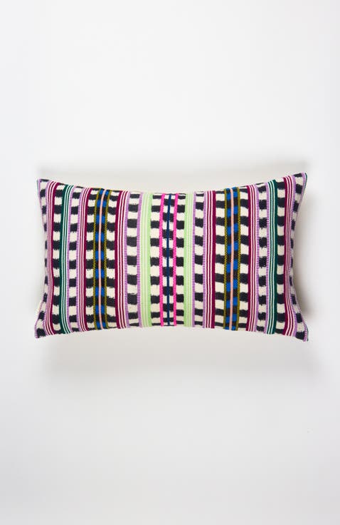 Santiago Lime and Pink Handwoven Cotton Ikat Rectangle Throw Pillow