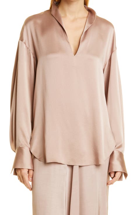 Long Sleeve Split Neck Silk Blouse