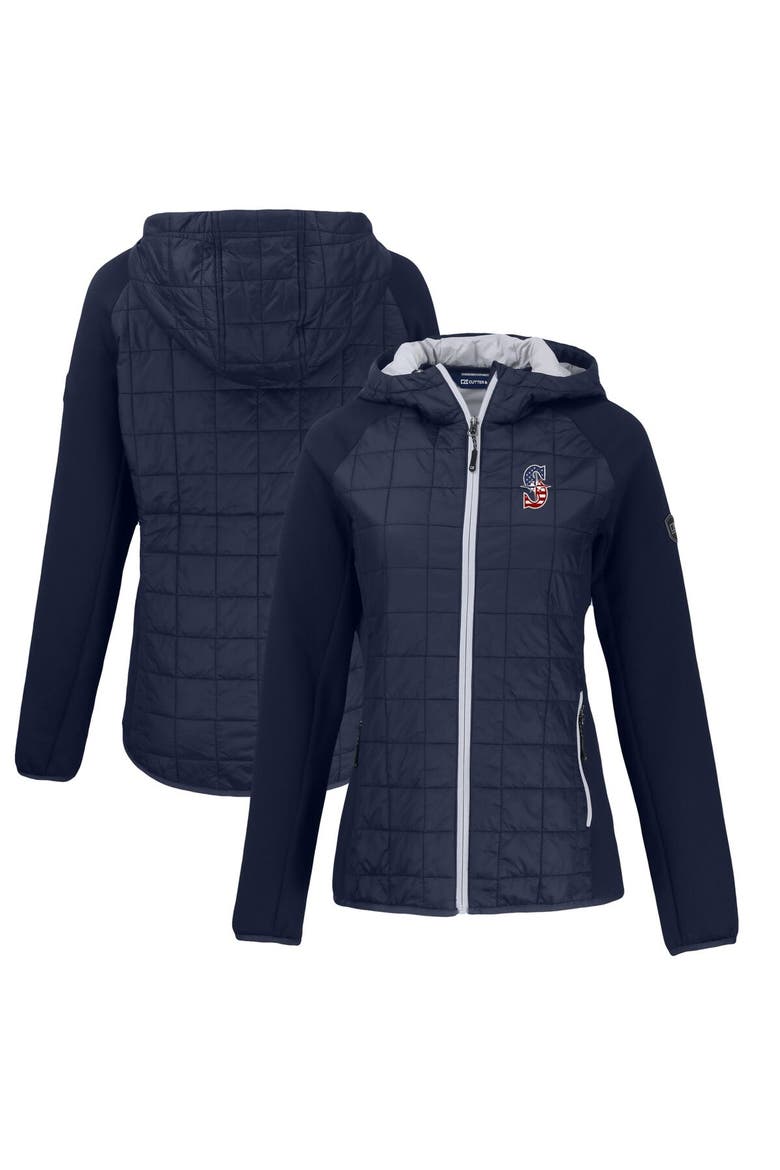 Women's Cutter & Buck Navy Seattle Mariners Americana Rainier Primaloft Eco Raglan Full-Zip Hybrid Jacket, Main, color, Navy