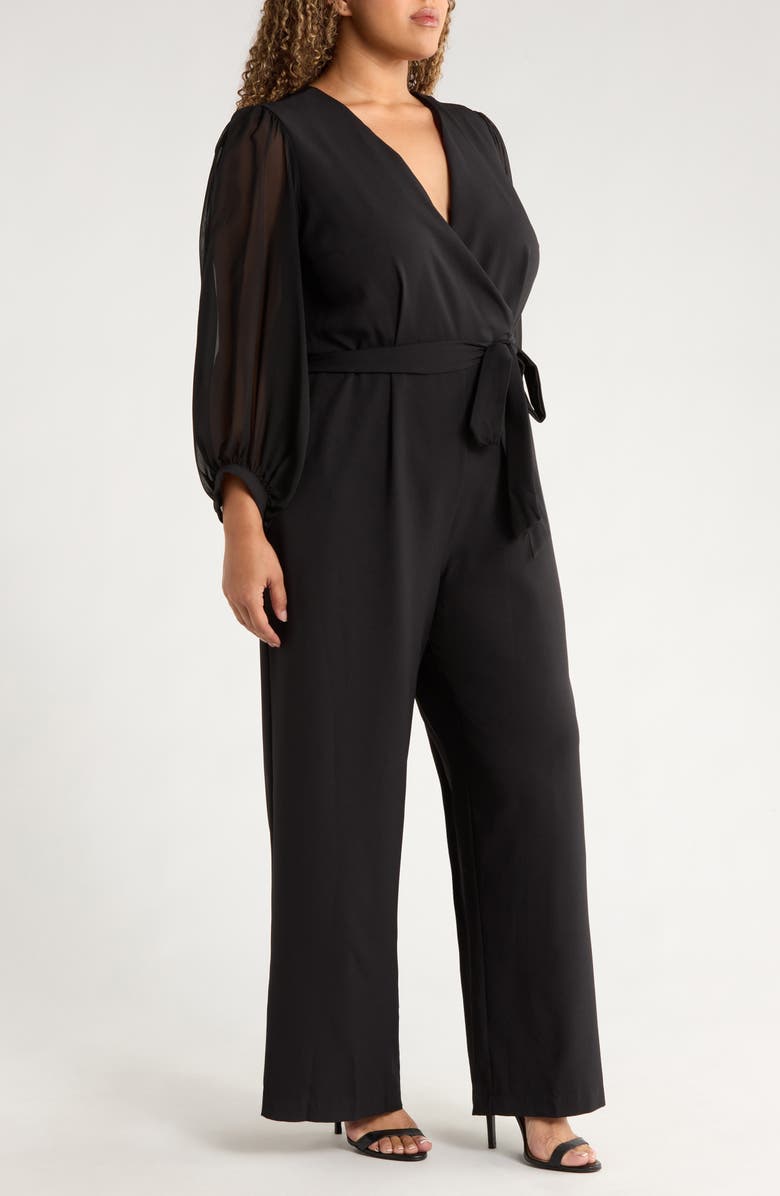Julia Jordan Wrap Front Sheer Long Sleeve Jumpsuit, Alternate, color, Black