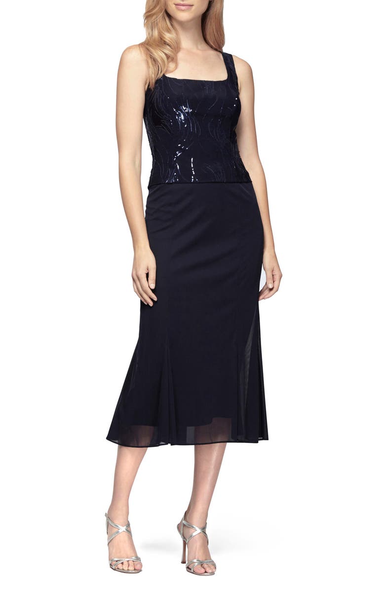 Alex Evenings Sequin Midi Dress with Jacket, Alternate, color, Navy