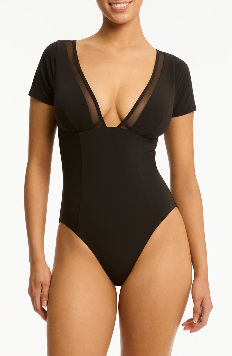 Sea Level Eclipse Short Sleeve One-Piece Swimsuit, Main, color, Black