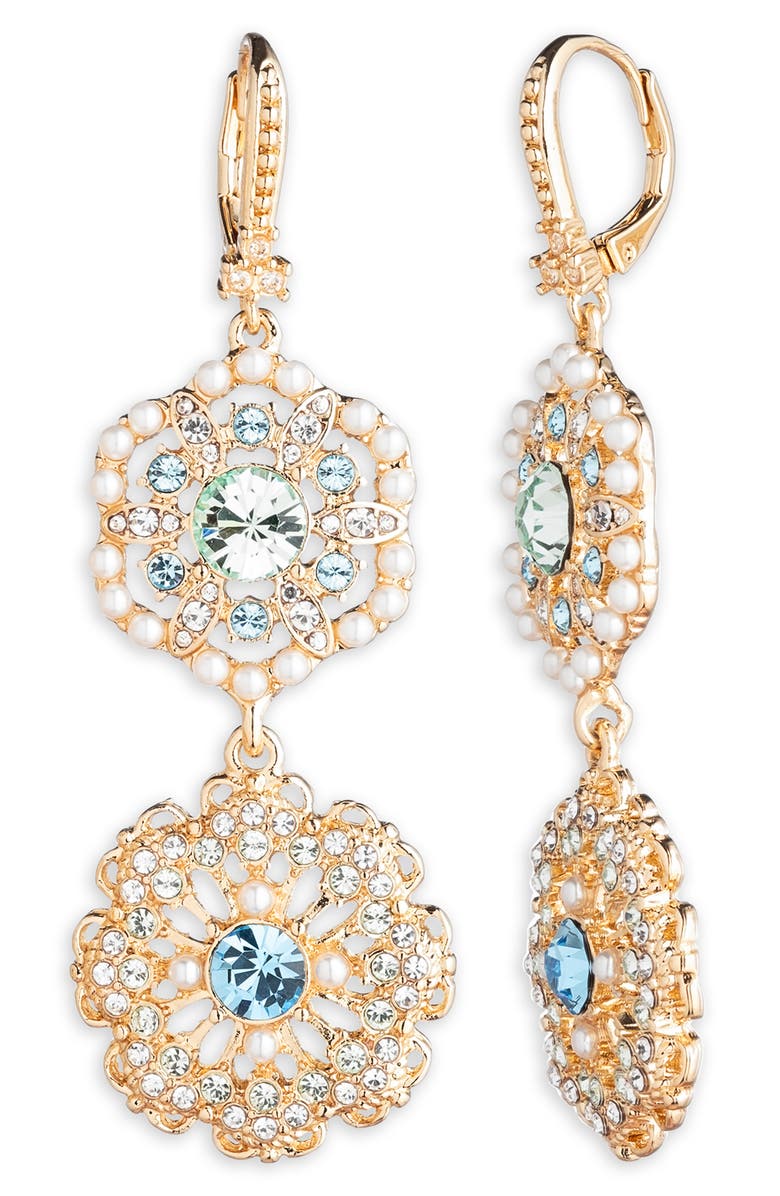 Marchesa Crystal & Imitation Pearl Double Drop Earrings, Main, color,