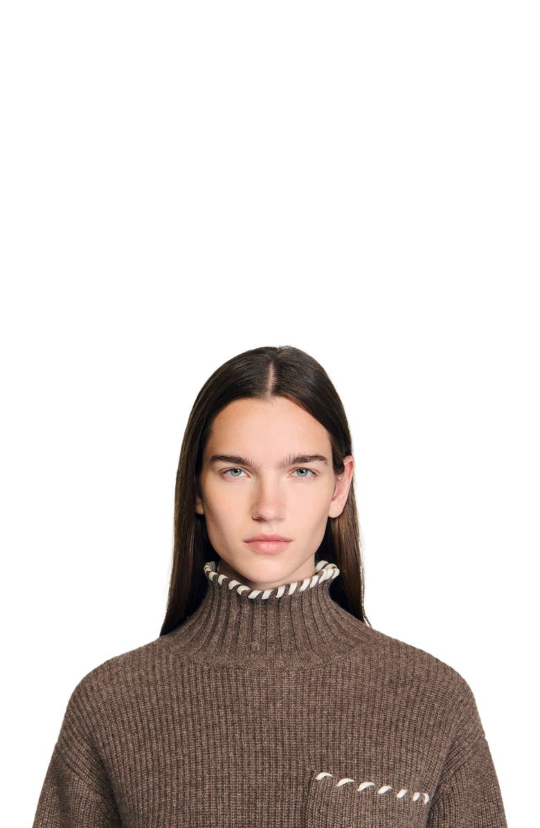 SANDRO Oversized turtleneck sweater, Alternate, color, Brown