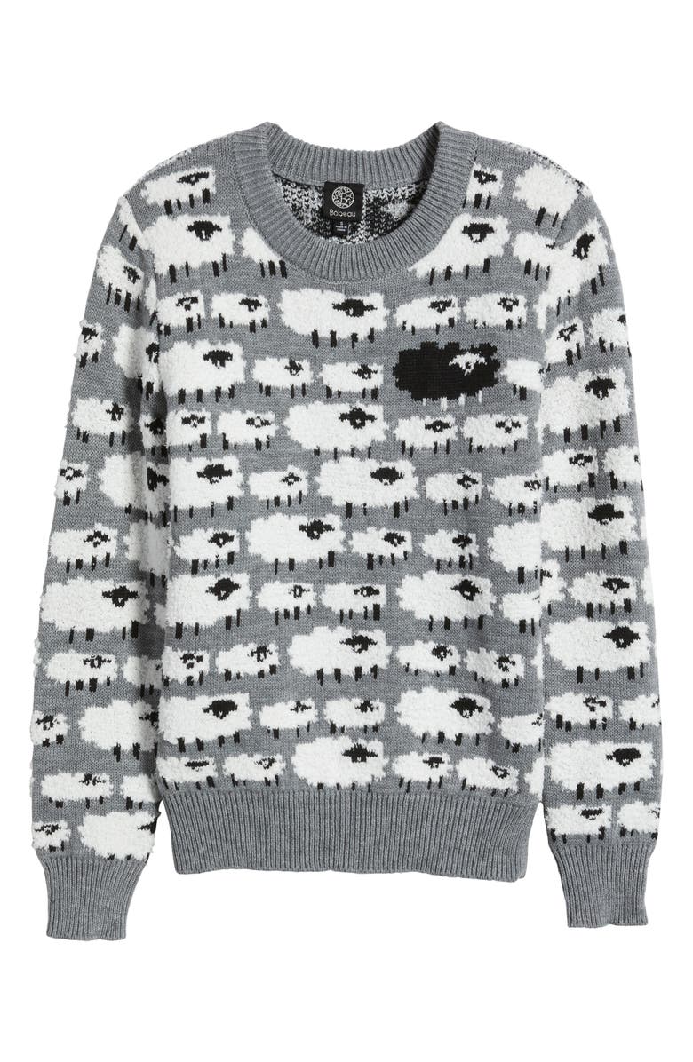 Bobeau Sheep Jacquard Sweater, Alternate, color, Charcoal/ White