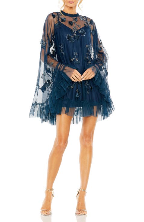 Women's Embellished Long Sleeve Trapeze Dress with Ruffle Hem