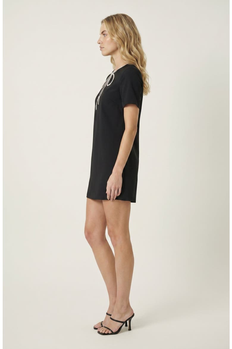 Rhinestone Bow Detail Short Sleeve Mini Dress, Alternate, color, Black