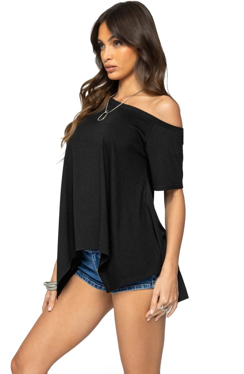 EDIKTED Josy One-Shoulder Handkerchief Hem Knit Top, Alternate, color, Black